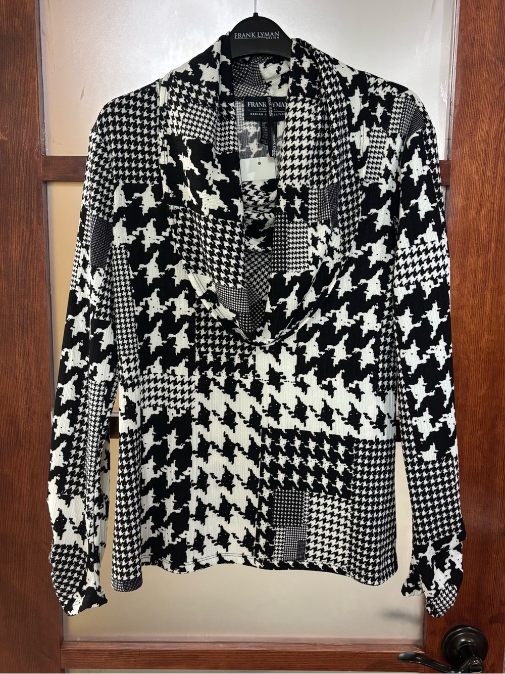Frank Lyman Design Patchwork Houndstooth Cowl Neck Top